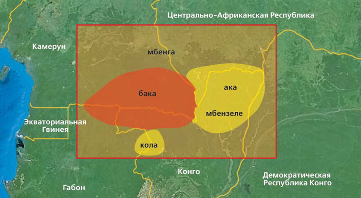 Рис. 4. Области проживания пигмеев, в геномах которых обнаружились фрагменты, происходящие от неизвестного древнего человека («Природа» №11, 2016)