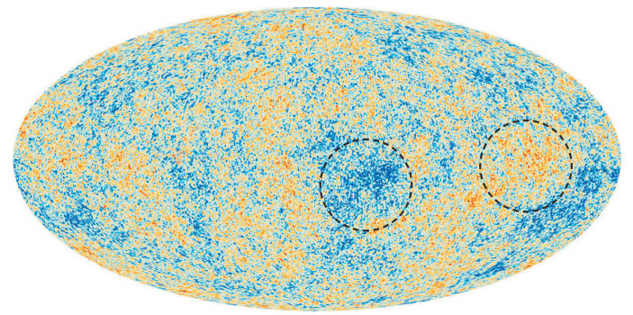 Рис. 1. Карта реликтового излучения по данным «Планка». Пунктиром обведены холодные и теплые области, размер которых многократно превышает размеры горизонта Вселенной времен последнего рассеяния реликтовых фотонов («ТрВ» №20(264), 09.10.2018)