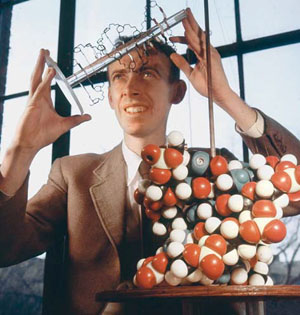 Джеймс Уотсон с моделями двойной спирали ДНК («Природа» №10, 2014)