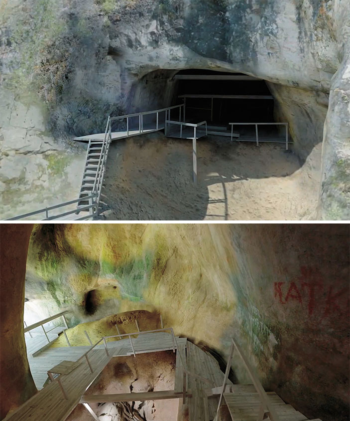 Вход в Денисову пещеру и ее центральный зал («Наука из первых рук» №5–6, 2018)