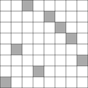 Расположение не бьющих друг друга восьми ладей, среди попарных расстояний между ними нет трёх одинаковых («Квантик» №12, 2018)