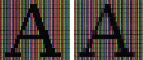 Рис. 5 и 6. Буква A на экране, у некоторых пикселей погашены не все полоски. Добавляем плавное изменение яркости у полосок («Квантик» №3, 2019)