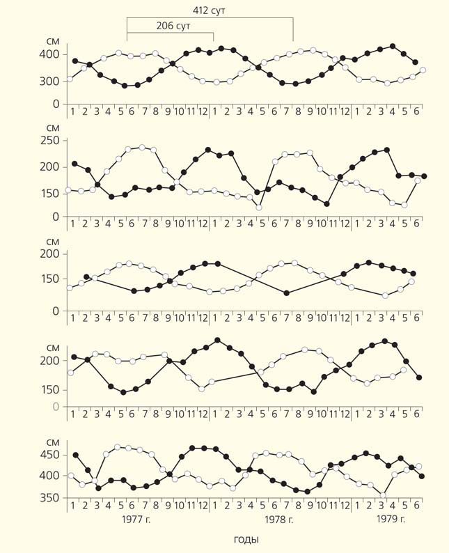 Рис. 3. Размах наибольшего сизигийного прилива в моменты полнолуний и новолуний в Мурманске, Пуэрто-Вильямсе, Чили, Суве, Фиджи, Лервике, Шотландия и Магадане («Природа» №4, 2018)