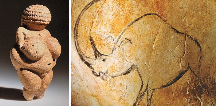 «Виллендорфская Венера», наскальное изображение быка-носорога из пещеры Шове («Природа» №4, 2018)