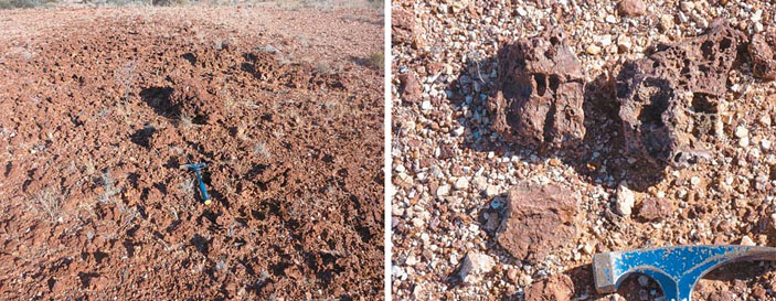 Высыпка шлакоподобных пузырчатых горных пород в полупустыне в окрестностях г. Кубер-Педи и их образцы («Природа» №5, 2018)