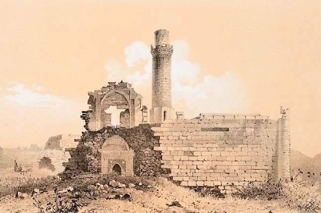 Рис. 2. Разрушения на мечети с минаретом и на прилежащем культовом сооружении вблизи г. Шемахи на Кавказе после землетрясения 1859 г. («Природа» №10, 2018)