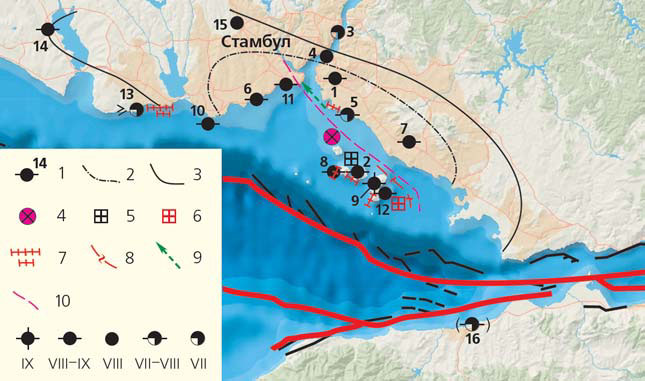 Рис. 3. Карта разломов восточной части бассейна Мраморного моря, макросейсмических данных и сейсмотектонических проявлений в приэпицентральной области землетрясения 10 июля 1894 г. («Природа» №10, 2018)