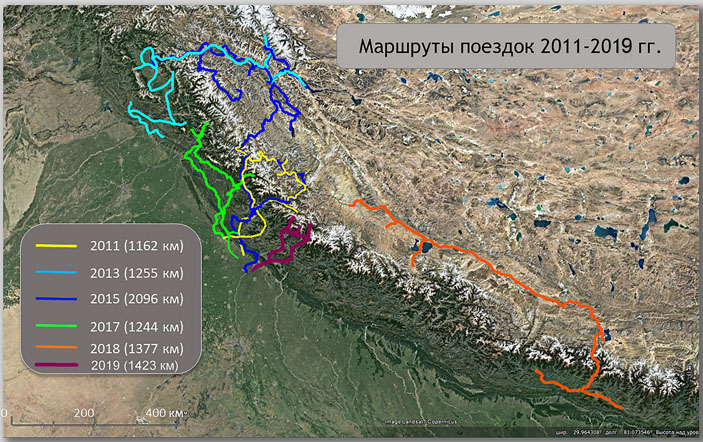 Карта маршрутов экспедиций Санкт-Петербургского союза ученых по Гималаям и Тибету (2011–2019) («Троицкий вариант» №1, 2020)
