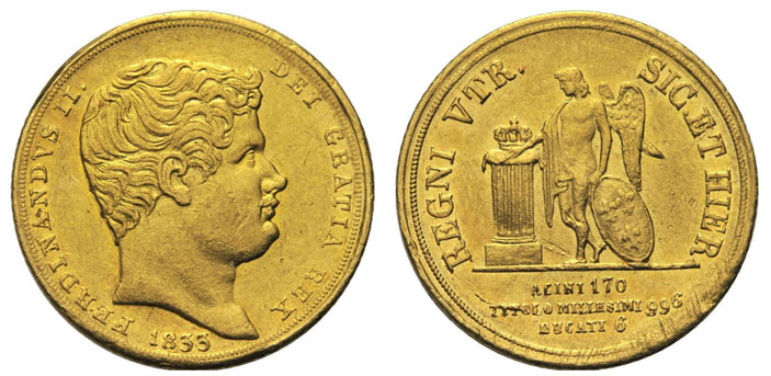 Рис. 1. Королевство Обеих Сицилий, Фердинанд II, 6 дукатов, 1833 год («Троицкий вариант» №10, 2020)