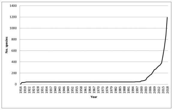 Совокупное число видов, описанных из бирманского янтаря, по годам («Троицкий вариант» №14, 2020)