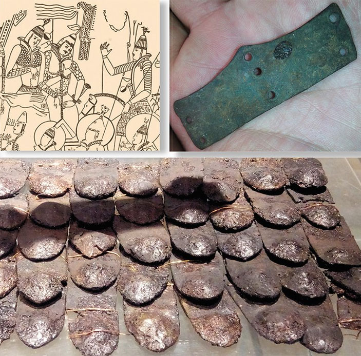 Изображения воинов на фрагменте настенной росписи из Кызыла. Пластины стального чешуйчатого нагрудника кенкольского воина из Акчи-Карасу («Наука из первых рук» № 2/3 (78), 2018)