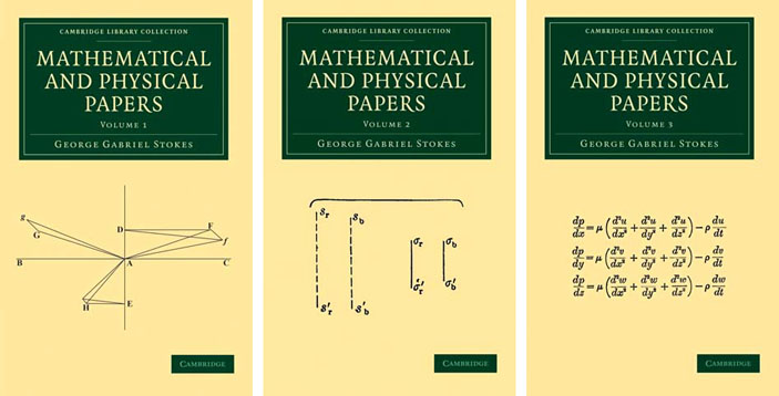Обложки трех томов статей Стокса по физике и математике, переизданных Кембриджским университетом в конце XX в. («Природа» №1, 2020)