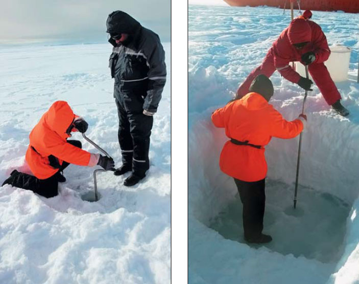 Рис. 6. Подготовка к отбору керна льда в бухте Ленинградской моря Лазарева, 2012 г. («Природа» №6, 2020)