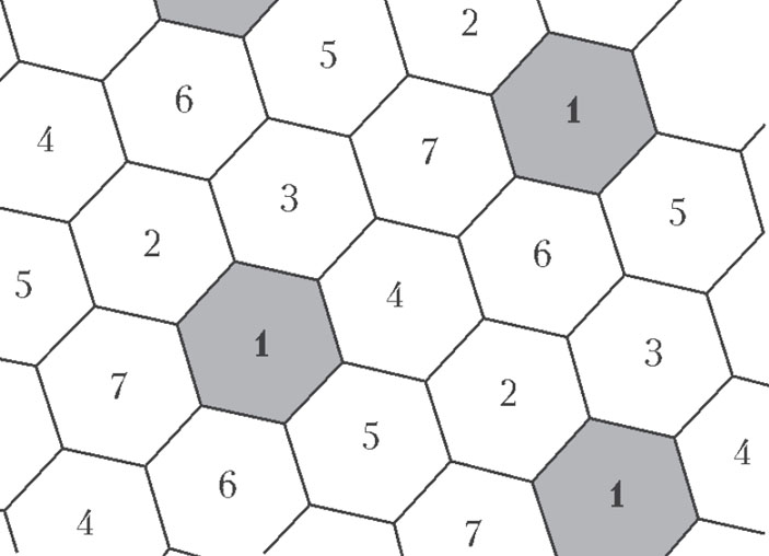 Рис. 3. Первая раскраска плоскости в 7 цветов («Квант» №11, 2018)