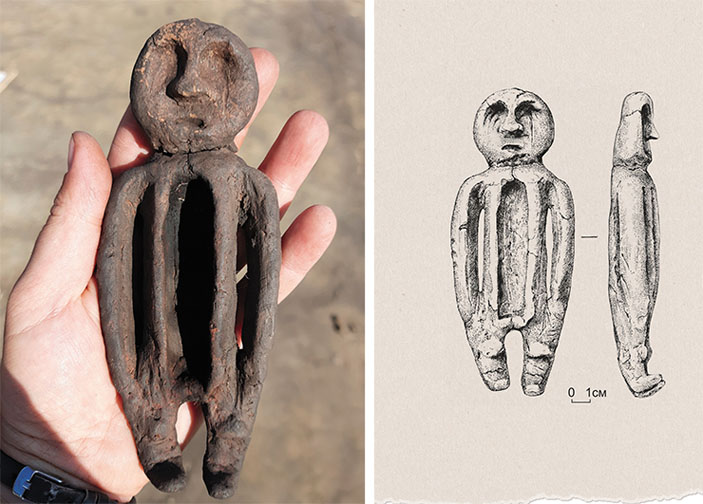 Глиняная фигурка после извлечения из могилы и «возвращения» головы в первоначальное положение. Детальная прорисовка («Наука из первых рук» №5–6(90), 2020)