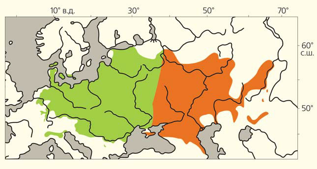 Рис. 1. Ареалы обыкновенной чесночницы Pelobates fuscus и недавно выделенной из нее чесночницы Палласа P. vespertinus («Природа» №11, 2020)