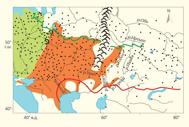 Рис. 3. Ареалы чесночниц P. fuscus и P. vespertinus, метеостанции, на которых измерялись температуры грунтов, и природные рубежи («Природа» №11, 2020)