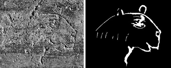 Рис. 2. Голова льва. Граффити (фото и прорисовка) на стене Софийского собора в Киеве («Природа» №2, 2021)