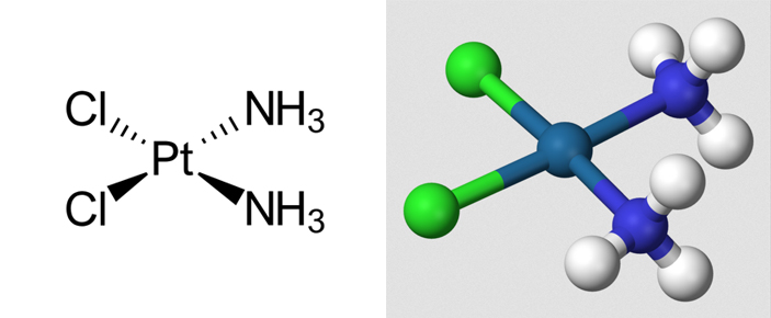 Рис. 3. Цисплатин, он же соль Пейроне. Формула и модель молекулы