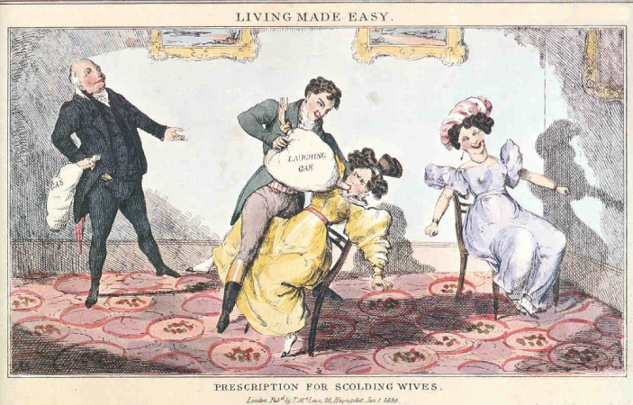 Карикатура. Румфорд и его коллега, великий английский химик и физик Гемфри Дэви, демонстрируют действие веселящего газа, как раз недавно открытое Дэви