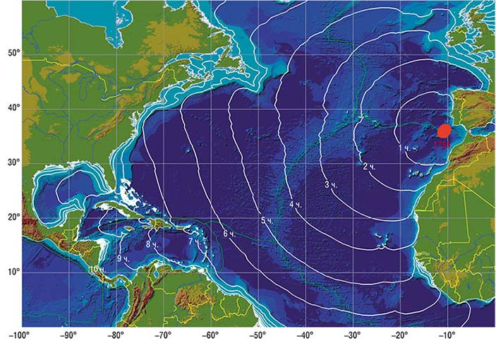 Карта изохрон (изолинии равных времен) Лиссабонского цунами 1755 г.