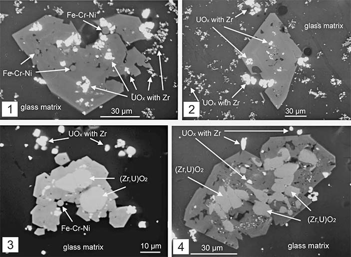 Рис. 8. Микрофотографии полированных образцов коричневых (1 и 2) и черных (3 и 4) чернобыльских «лав» в сканирующем электронном микроскопе