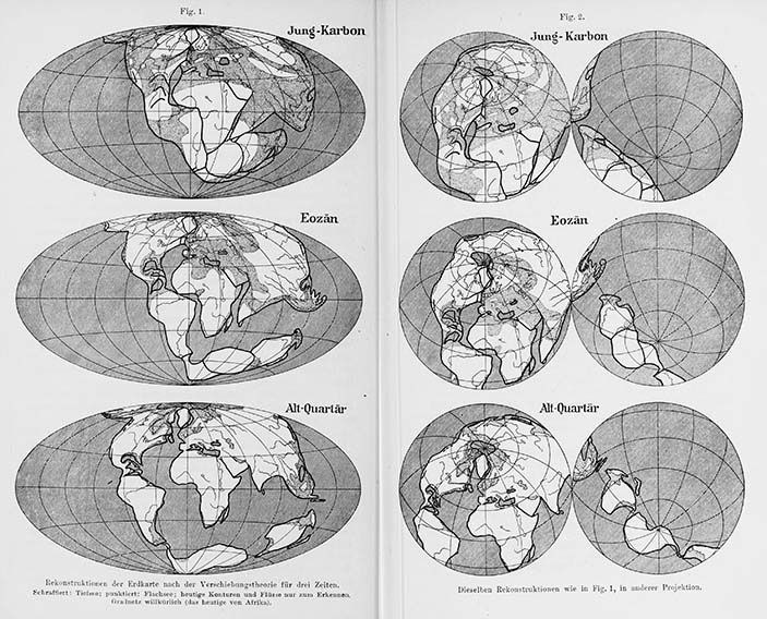 Движение континентов (иллюстрации из книги «Происхождение континентов и океанов»)