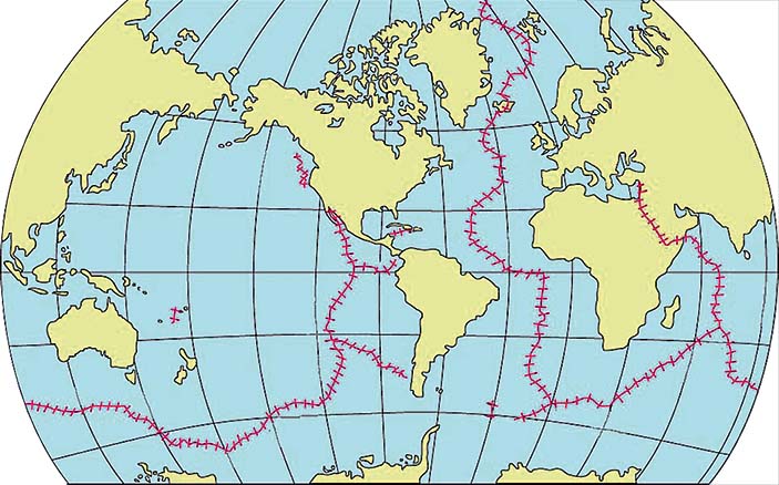 Срединно-океанические хребты показаны красным