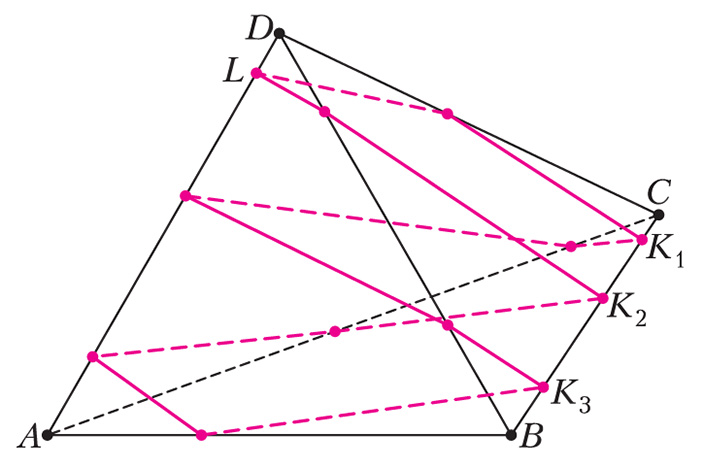 Рис. 18. Геодезическая типа (2;1) зацепляется за вершину D узлом L