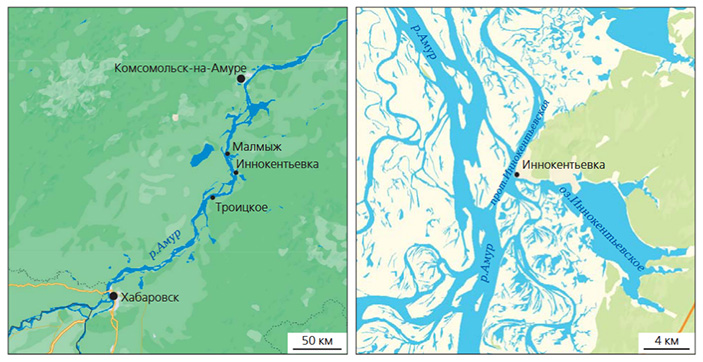 Местоположение упомянутых в тексте населенных пунктов и карта-схема Амура около с. Иннокентьевки