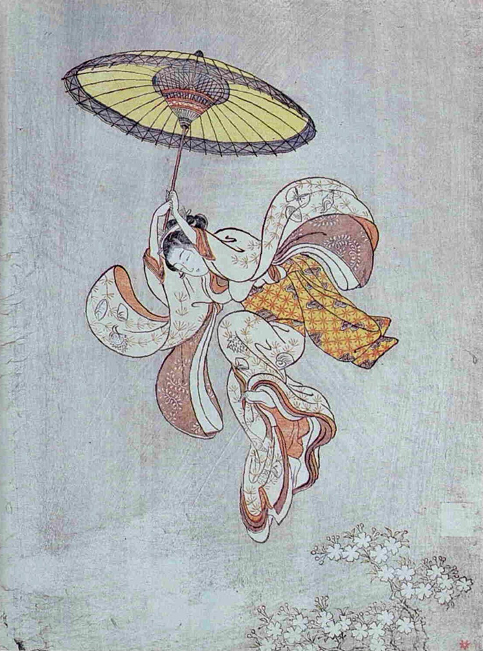 Судзуки Харунобу. Девушка прыгает с храма Киёмидзу-дэра. 1750 год