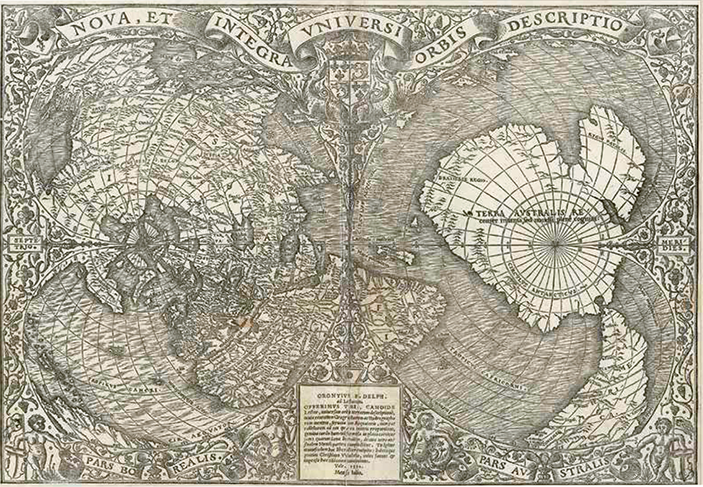 Карта мира в двойной сердцевидной проекции (Оронций Финеус, 1531)