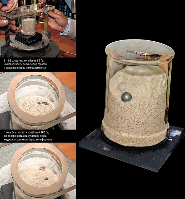 В динамичной песчаной среде наиболее устойчивыми на поверхности песка оказались самые крупные частицы —стальной шарик и кварцевая галька