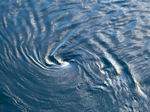 Направление вращения воды можно определить по тому, в какую сторону воронка закручивает волны