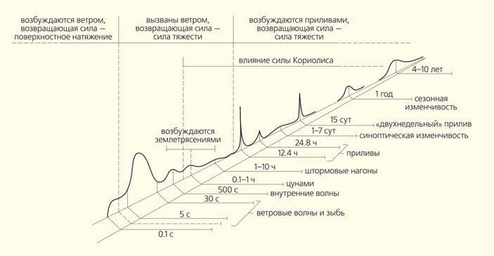 Рис. 1. Распределение энергии волновых движений в Мировом океане по характерным периодам