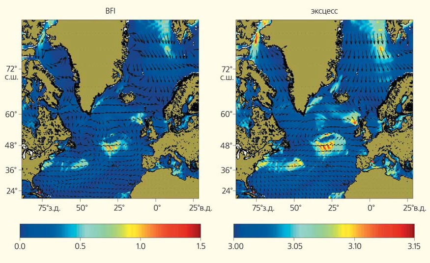 Рис. 13. Пример сопоставления карты рассчитанных индексов BFI и четвертого статистического момента (эксцесса), характеризующего долю высоких волн, для района Северной Атлантики