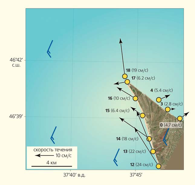 Течения у берегов косы. Желтыми значками показаны океанографические станции