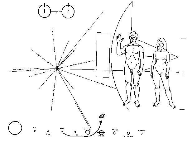 Открытка с Земли. На случай встречи с внеземным разумом «Пионеры» укомплектованы позолоченными алюминиевыми пластинками с посланием от землян: координаты Солнца по отношению к 15 пульсарам, схема Солнечной системы, рисунок мужчины и женщины на фоне зонда и ключ для расшифровки — изображение перехода электрона атома водорода из одного состояния в другое. Изображение: «Популярная механика»