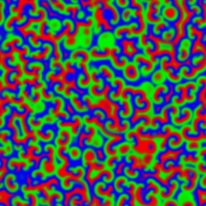 Если вылить раствор на плоскую поверхность, то по ней поползут удивительные волны (данное изображение сгенерировано компьютерной программой моделирования реакции Белоусова—Жаботинского). Изображение с сайта en.wikipedia.org