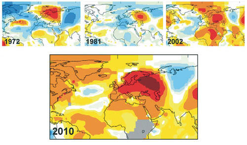 Аномалии приземной температуры воздуха в самые жаркие летние сезоны в России. В 1972, 1981, 2002 и 2010 годах области аномальной летней жары захватывали в том числе европейскую территорию России. Но аномалия 2010 года была самой мощной за всё время наблюдений. Её макроструктура сильно отличалась от аномальных условий других лет: в частности — аномалиями над Атлантикой. Изображение: «Наука и жизнь»