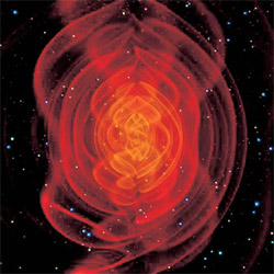 Конфигурация гравитационных волн, рассчитанная на компьютере, в момент слияния двух черных дыр (изображение: www.popularmechanics.ru)