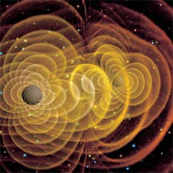 Двойная черная дыра: так искажается пространство-время при вращении двух черных дыр относительно общего центра масс (изображение: www.popularmechanics.ru)