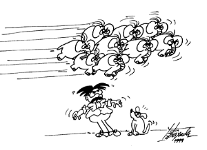 Частицы в пучке на ускорителе собраны в компактные сгустки. Сравнение протонного сгустка на LHC со стадом слонов не случайно: протоны более чем в тысячу раз тяжелее электронов, и поэтому удерживать их на орбите гораздо труднее. (Рис. с сайта bullarchive.web.cern.ch)