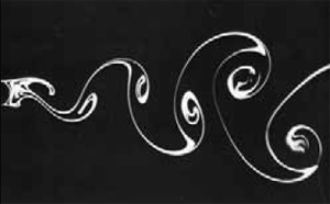 При плохом обтекании за объектом (в данном случае круговым цилиндром) периодически сходят вихри, образующие так называемую дорожку Кaрмана. Если частота схода вихрей совпадает с собственной частотой объекта, возникают незатухающие колебания, или срывной флаттер. Изображение: «Наука и жизнь»