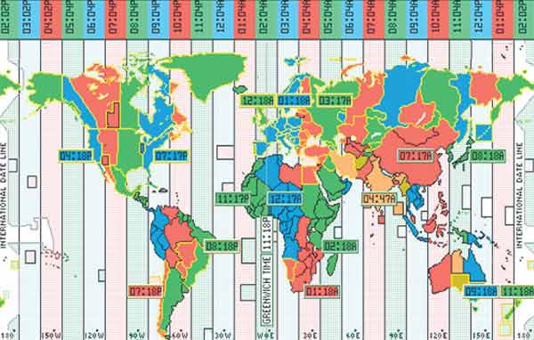 Часовые пояса. Жить нашей большой стране и тем более всему миру по московскому или по гринвичскому времени было бы крайне неудобно. Поэтому для удобства земной шар разбит на часовые пояса местного времени с временным интервалом в один час. Местное время на Гринвичском меридиане принято за всемирное время — Universal Time (UT). Изображение: «Наука и жизнь»