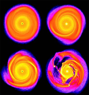 Рис. 3. Результаты численного моделирования гравитационной неустойчивости в протопланетном диске. Размер диска — 20 астрономических единиц, в начале диск аксиально симметричен. Верхняя пара — результат для диска плотностью на 10% меньше, чем для нижней пары. Левые картинки — распределение плотности (показано цветом) через 160 лет, правые — через 350 лет. Из работы Lucio Mayer, Thomas Quinn, James Wadsley, Joachim Stadel, Science 29, Vol. 298