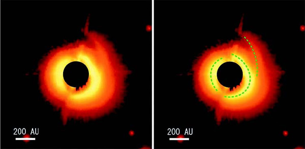Рис. 2. Протопланетный диск со спиральным рукавом и двумя бананоподобными образованиями. Звезда HD 142527. (Из работы Fukagawa M., Tamura M., Itoh Y., Kudo T., Imaeda Y., et al. 2006, ApJ, 636, L153)