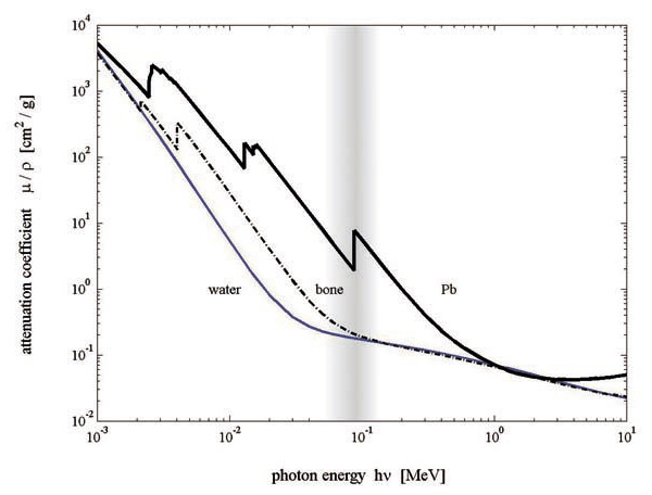 Рис. 2. Интенсивность пучка фотонов в веществе ослабевает с глубиной по экспоненциальному закону: I(x)=I0exp(-μx). На рисунке представлены массовые коэффициенты ослабления μ/ρ для фотонов различных энергий в воде, кости и свинце. Величина 1/μ показывает, какой путь надо пройти фотонам, чтобы интенсивность уменьшилась в e (приблизительно 2,718...) раз, ρ — плотность вещества. Чем больше величина коэффициента ослабления μ/ρ, тем меньше будет масса колонки вещества с основанием 1 кв. см, ослабляющей поток излучения данной энергии в e раз. Серой полосой отмечено «диагностическое окно» медицинской рентгенологии 50 кэВ ≤ hv ≤ 140 кэВ. Изображение: «Троицкий вариант»