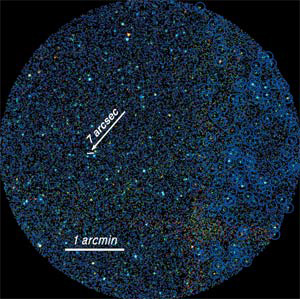 Изображение части неба в области галактической плоскости по данным американского телескопа «Чандра» (“Chandra”). Разные цвета показывают фотоны разных энергий: красный отвечает энергиям 0,5–1 кэВ, зеленый — 1–3 кэВ, синий — 3–7 кэВ. Источники свечения, обнаруженные в исследованном поле, обозначены кружками (только для части изображения, чтобы не загромождать рисунок). Изображение: «Наука и жизнь»