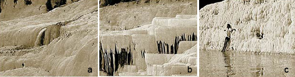 Рис. 22. На горном склоне в природном заповеднике Памуккале (Турция) вода термальных источников минерализуется, образуя заполненные водой чаши. Фото автора. Изображение: «Наука и жизнь»